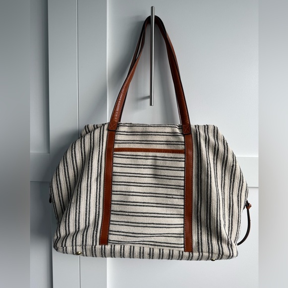 Street Level Handbags - Street Level Striped Tote Bag with Brown Handles